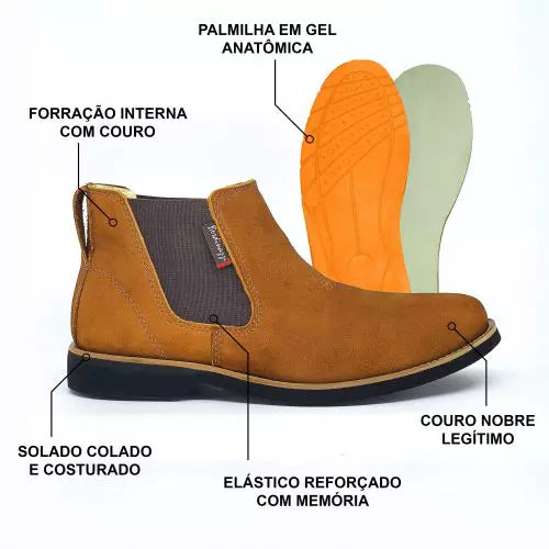Bota Botina Masculina Chelsea Couro Nobuck Angus + Carteira Cinto Chapéu