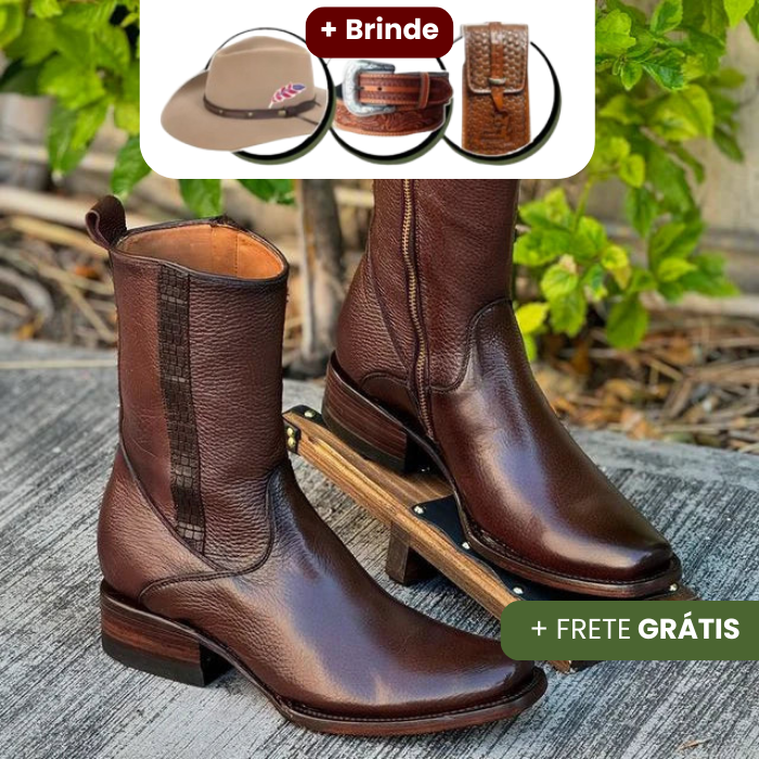 Kit Bota Maverick Masculino de Couro Legítimo com 3 Brindes – Cinto, Chapéu e Carteira