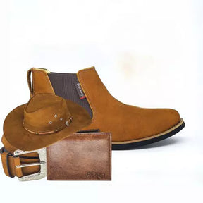Bota Botina Masculina Chelsea Couro Nobuck Angus + Carteira Cinto Chapéu