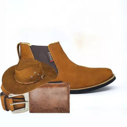 Bota Botina Masculina Chelsea Couro Nobuck Angus + Carteira Cinto Chapéu